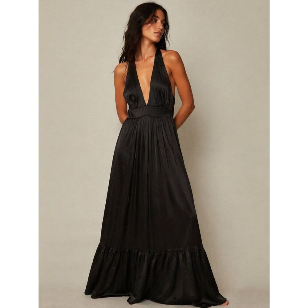 Corey Lynn Calter Black Silk Halter Maxi Dress Dark Romantic Goth Size 4